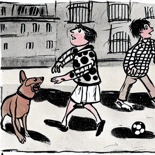 Image similar to illustration of french boy on the streets of paris playing football against a corgi, the dog is wearing a polka dot scarf, comic, 1 9 7 2