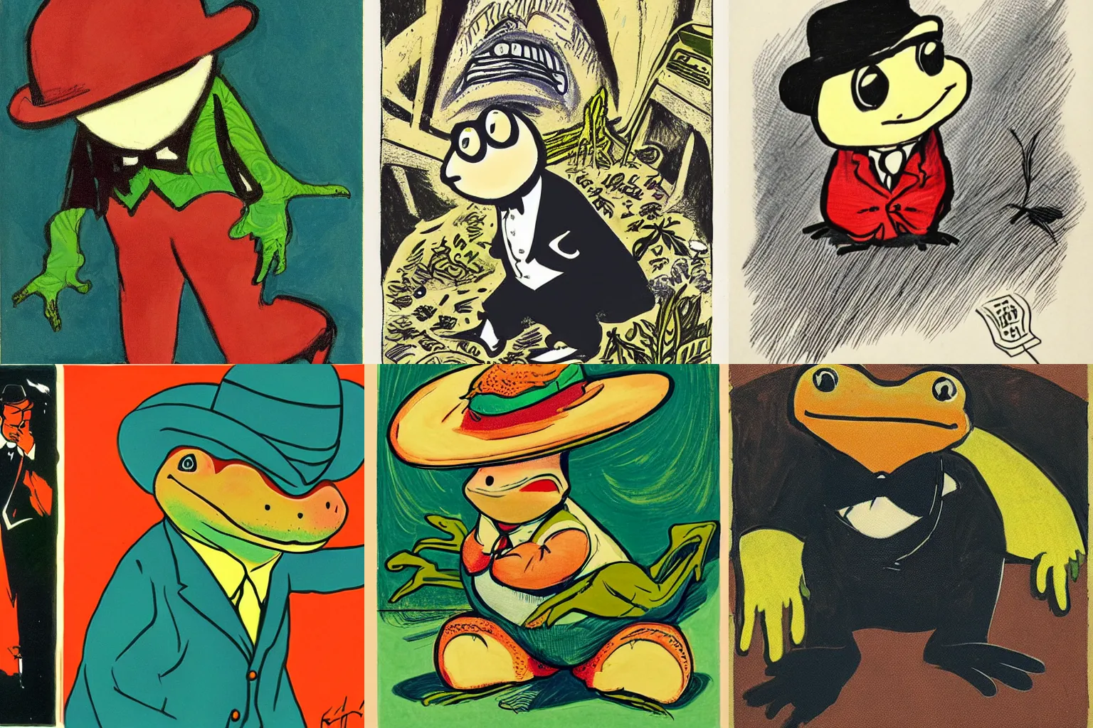 Prompt: toad in tuxedo, rich in details, balanced composition, coarse texture, concept art, visible strokes, colorful, art by Kirchner, Gaughan, Caulfield, Aoshima, Earle