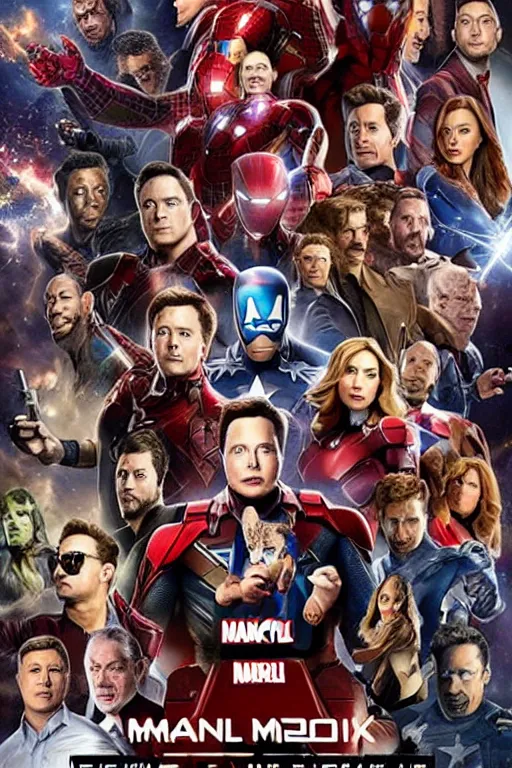 Prompt: a marvel movie poster where all of the faces are of elon musk