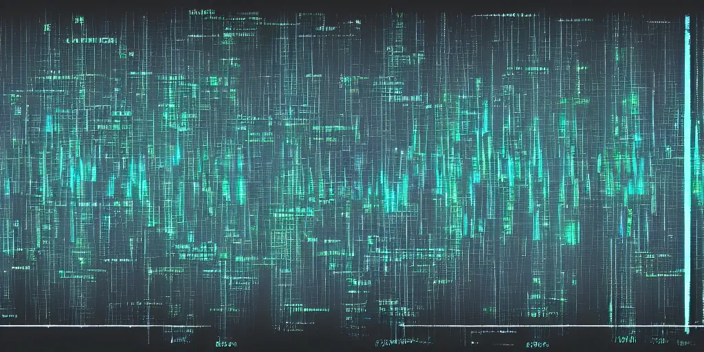 Image similar to sci Fi data readouts, dark screen, charts, bar graphs, abstract shapes, typographical scan of a cave, numbers and lines