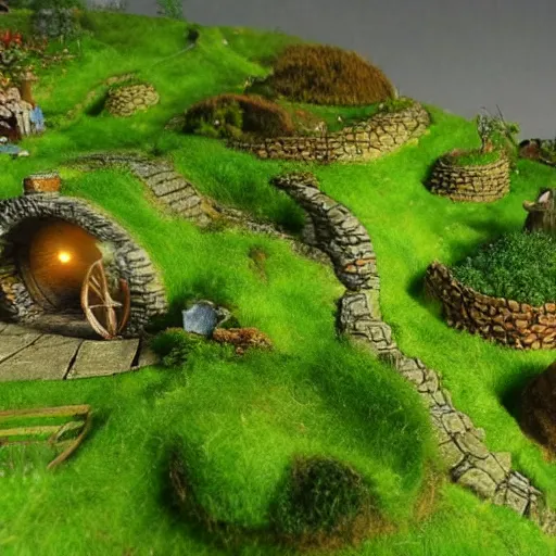 Image similar to the shire, hobbit village. green rolling hills, hobit mounds, hobbit people living life green open world colourful - rated, award winning, realistic, detailed lighting, detailed shadows