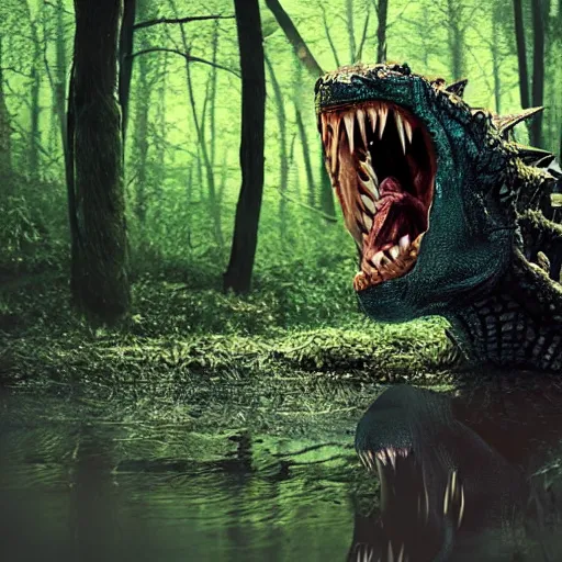 Image similar to werecreature consisting of a human and crocodile, photograph captured in a forest