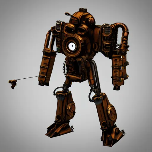 Prompt: a steampunk mech - suit designed to shoot down other mech - suits, 3 d render, unity, steam, pipes, guns, copper, metal, slightly rusty, plain background, finely detailed, epic, intense, sparks, cinematic lighting,