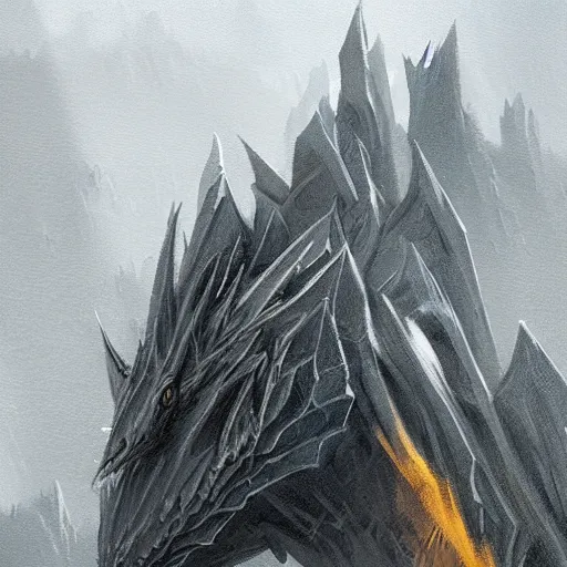 Image similar to grey dragon close up by greg rutkowski, drark, marvel comics, dark, plutus su and chris scalf and lucas graciano and billy christian, symmetrical, mountains, grey and gold color palette, painting, d & d, fantasy, detailed, realistic, complimentary colors, light, artstation, cinematic, dramatic lighting, close up, storm clouds, hudson river school