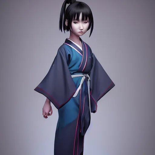 Prompt: Clothed kimono. realistic style at CGSociety by WLOP,ilya kuvshinov,krenz cushart,Greg Rutkowski,trending on artstation.Zbrush sculpt colored,Octane render in Maya,Houdini VFX.Realistic fantasy cute young girl who is dark disciple,expressing joy,wearing kimono, silky hair, blue eyes.Oil painting.Cinematic dramatic atmosphere,sharp focus,soft volumetric studio lighting.