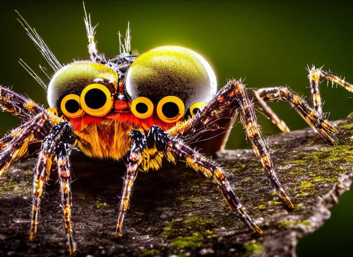 Image similar to super macro of a crystal spider with big eyes sitting on a flower, in the forest. Fantasy magic style. Highly detailed 8k. Intricate. Nikon d850 300mm. Award winning photography.