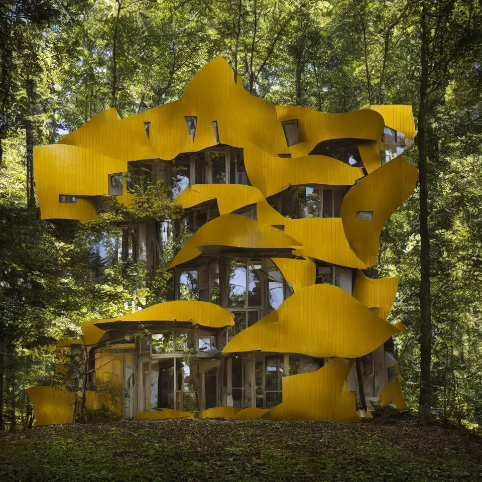 Image similar to a small flat house in the forest, designed by Frank Gehry. Big Tiles. Film grain, cinematic, yellow hue