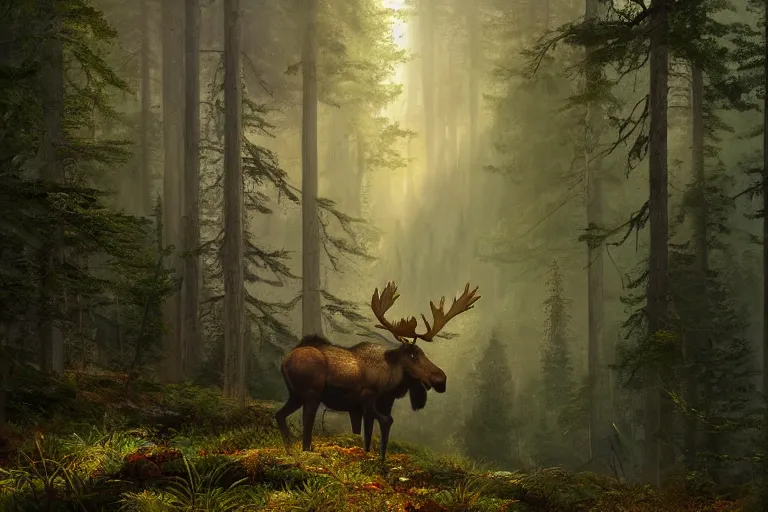 Image similar to a moose in the forest, beautiful dynamic lighting, cinematic, wide angle establishing shot, extremely high detail, photo realistic, cinematic lighting, post processed, concept art, artstation, matte painting, style by frederic church, raphael lacoste