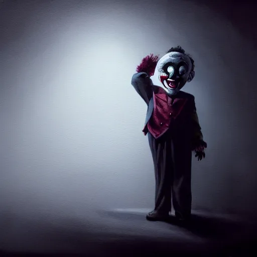 Image similar to a creepy clown waiting in the dark, concept art, shadows, painting, highly detailed