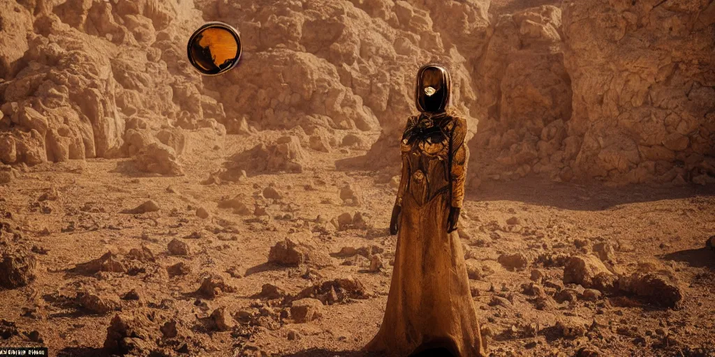 Image similar to levitating woman with full - face golden mask in a dry rocky desert landscape, visible sky and sunny atmosphere, giant abandoned alien city by alejandro jodorowsky, anamorphic lens, kodakchrome, practical effects, masterpiece, 8 k