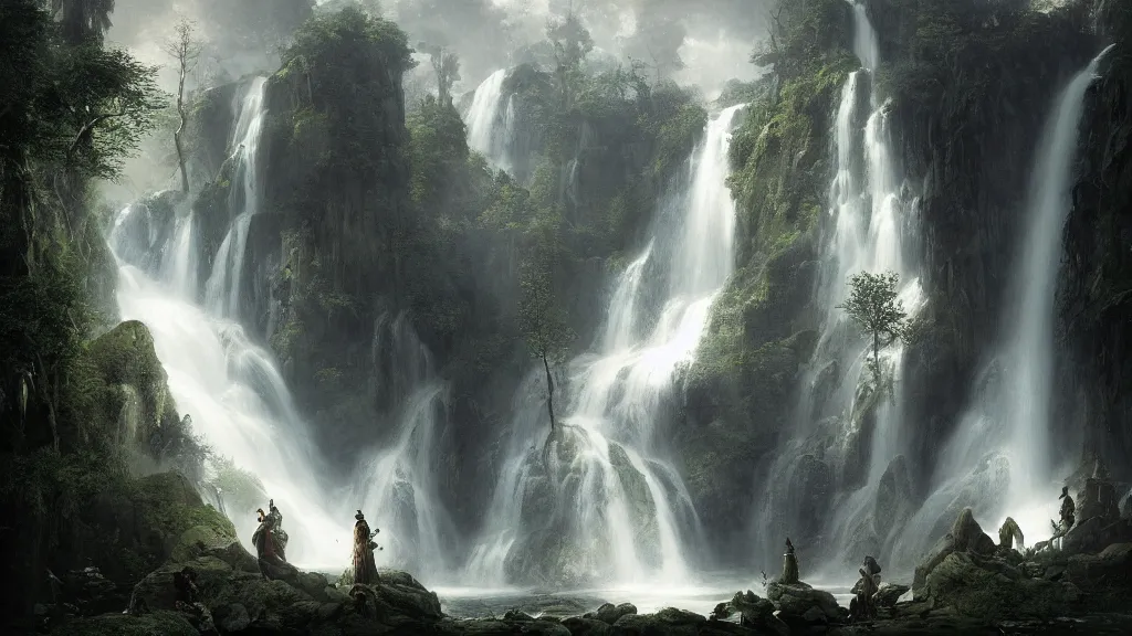 Prompt: the great elven tree above the alpine waterfall. andreas achenbach, artgerm, mikko lagerstedt, zack snyder, tokujin yoshioka