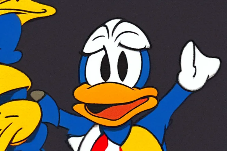 Image similar to donald duck in corner of dark room, smiling, horror