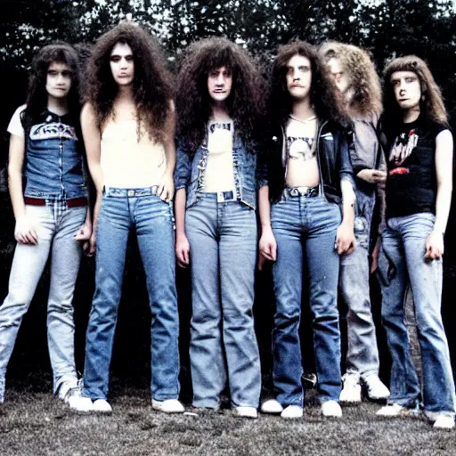 Image similar to group of 1 9 - year - old girls with shaggy wavy hair, wearing double denim, heavy metal band promo, doom metal band promo, stoner rock band promo, heavy rock band promo photo, 1 9 8 9 photo