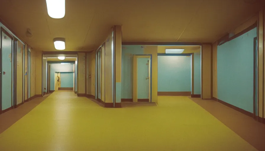 Prompt: 60s movie still of an empty sauna corridor fade yellow light and light blue tiles floor in the backrooms, exit signs with random arrows everywhere, cinestill 800t 50mm eastmancolor, liminal Space style, heavy grain