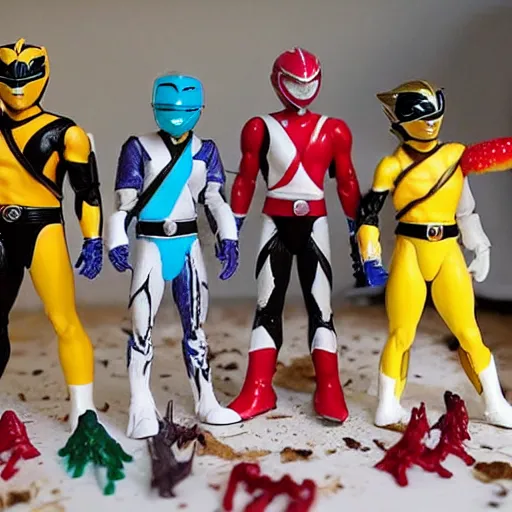 Prompt: melting power rangers action figures in abandoned dollhouse