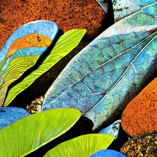 Prompt: tropical leaves, and flowery rocks closeup by rippling clear blue water, bright colorful, zen, minimalist, sunny environment, highly detailed, realistic, up close shot shinji aramaki, karol bak, alphonse mucha