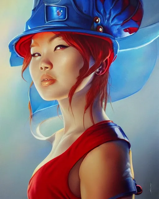 Prompt: beautiful oil painting of smurf firefighter by artgerm and chie yoshii, full body portrait, dramatic lighting