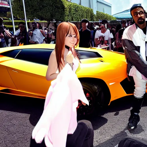 Prompt: kanye west and an anime girl driving a lamborghini