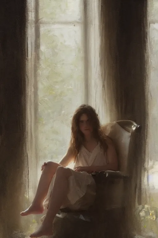 Prompt: girl with long hair, summer dress, sitting on designer chair, dramatic light, cinematic, bare feet, 8 k, by jeremy lipking, jeremy mann, ron hicks, casey baugh