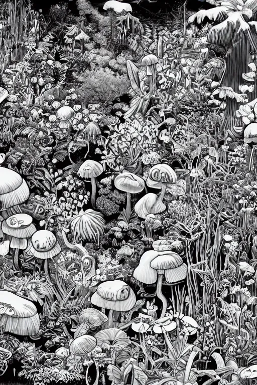 Prompt: surreal line art by kim jung gi!, a lot of jungle flowers and plants + poison toxic mushrooms + long grass + broken droid + garden dwarf + mystic fog, 5 0's vintage sci - fi style, rule of third!!!!, line art, 8 k, super detailed, high quality, isometric view