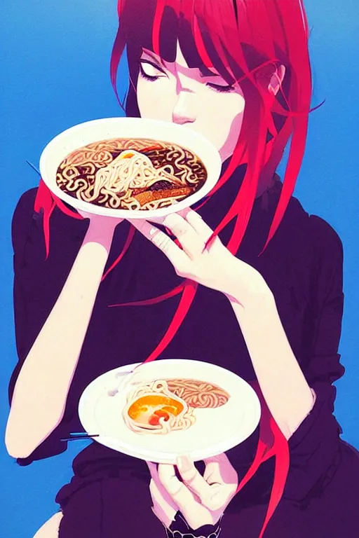 Image similar to a ultradetailed beautiful painting of a stylish woman eating ramen, by conrad roset, greg rutkowski and makoto shinkai trending on artstation