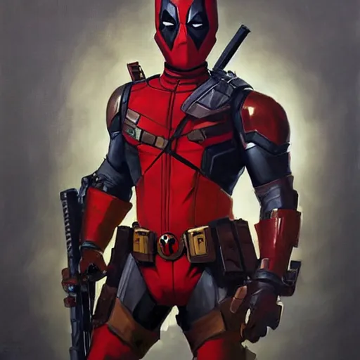 Image similar to greg manchess portrait painting of armored deadpool as overwatch character, medium shot, asymmetrical, profile picture, organic painting, sunny day, matte painting, bold shapes, hard edges, street art, trending on artstation, by huang guangjian and gil elvgren and sachin teng