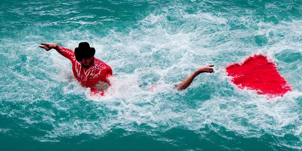 Image similar to a bullfighter swimming in a red ocean