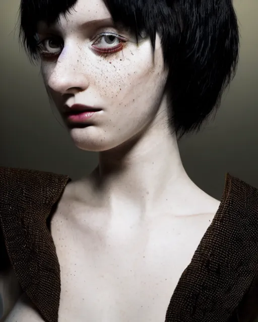 Prompt: natasha wearing an outfit made from sandpaper, at new york fashion week, lush black hair, average physique, freckled pale skin, eastern european, photo by greg rutkowski and charlie bowater, stage lighting, female beauty, intricate detail, risque fashion, elegance, 3 5 mm, depth of field, masterpiece