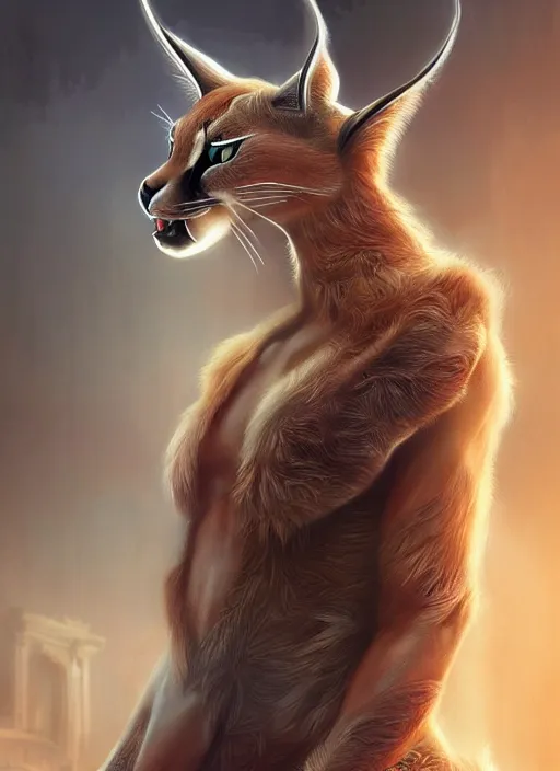 Prompt: cute caracal as apollo ancient greek god, details, fantasy, cyberpunk city, intricate, decadent, highly detailed, octane render, digital painting, artstation, concept art, sharp focus, illustration, art by artgerm, loish, wlop