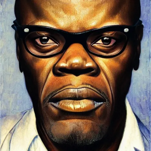 Prompt: Frontal portrait of Samuel L. Jackson from Pulp Fiction. A portrait by Norman Rockwell.