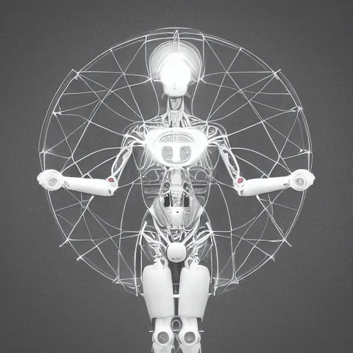 Image similar to beautiful centered fine art photo of vitruvian man as a solarpunk robotic humanoid, white mechanical parts with led lights, bouguereau style pose, photorealistic, white background, highly detailed and intricate, soft box lighting, hdr 8 k