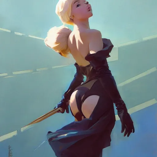 Image similar to greg manchess portrait painting of yorha type a no. 2 from behind, organic painting, sunny day, matte painting, bold shapes, hard edges, street art, trending on artstation, by huang guangjian and gil elvgren and sachin teng