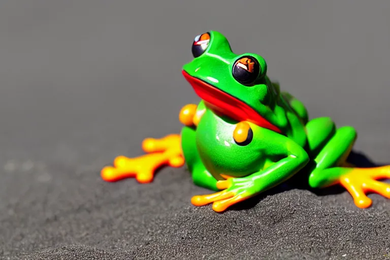 Image similar to fisher price frog on the beach, california, in 2 0 1 5, perfect focus, scene from tv show hyper detailed 5 5 mm 8 5 mm, toy photography, made out of plastic