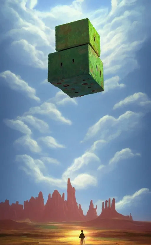 Image similar to hyperrealist painting of a giant flying cube inside a bubble from howl's moving castle ( 2 0 0 4 ) in a flooded monument valley stonehenge jungle. 1 9 7 0 s science fiction, moody, misty, depth perception, 4 k, artstation, in the style of studio ghibli