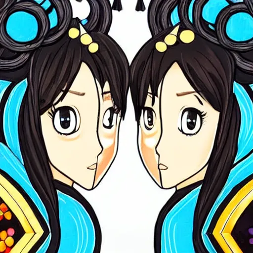 Image similar to a scene of two beautiful queens facing each other in front of a thrown, large eyes, symmetrical faces, detailed anime art