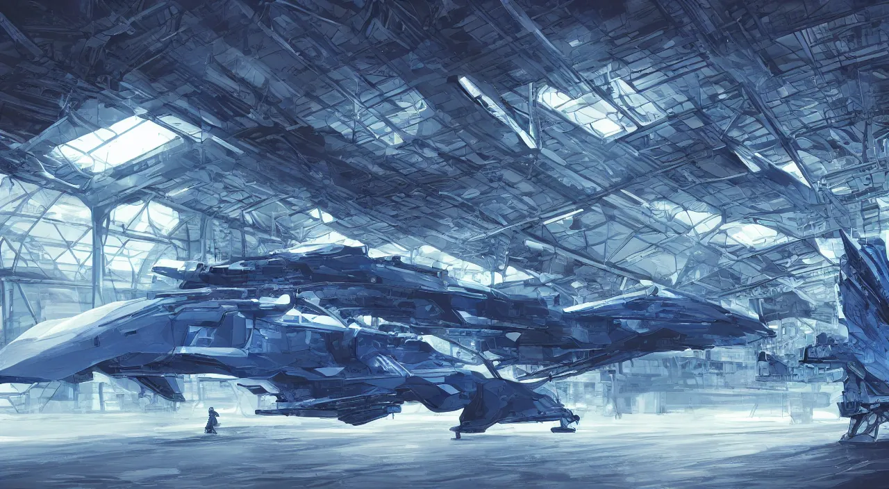 Image similar to digital illustration of a detailed spaceship in a hangar, sci fi, cold blue colors, trending on artstation