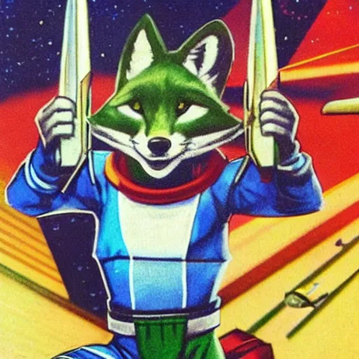 Image similar to 1 9 8 0 s video game art of fox mccloud from starfox in a space cadet uniform, propaganda poster, realistic