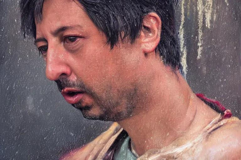 Image similar to ray romano, portrait, physically upset, gritty expressive male face, outdoor background, stadium atmosphere, rain storm, ethereal details, night, cinematic lighting, hyper - detailed, maximalist, trending on artstation, cgsociety, 8 k, high resolution, in the style of faiza maghni, david ligare, flora borsi, daniel gerhartz, elena masci