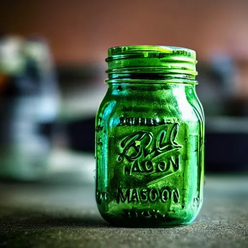 Image similar to close - up shot of a mason jar filled with cloudy green slime, macro lens, depth of field, bokeh