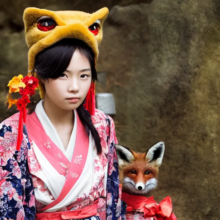 Image similar to portrait photograph of an extremely beautiful!!!! young Asian female , symmetric face!, symmetric round detailed eyes!!, slight smile, natural light, wearing a flower kimono!! with a very detailed fox!! behind her shoulder in front of a hot spring. looking at the camera!!. super resolution. Extremely detailed. Graflex camera!, bokeh!!!!! trending on artstation.