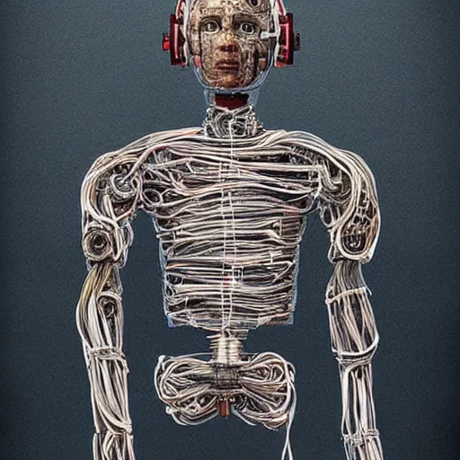 Image similar to “ hyperreal 8 k drawing art station trending of humanoid robot made from wiring and steel debris found in a scrapyard ”