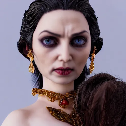 Prompt: photo taken of an epic intricate, ultra detailed, super realistic bust of a majestic gracious regal aristocratic brunette female vampire stop motion puppet created by weta workshop, menacing, some zoomed in shots, photorealistic, sharp focus, white wall, extremely cold blueish colour temperature, 3 5 mm, f 1. 4, golden ratio