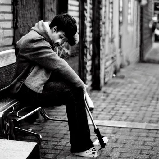 Image similar to photo of teenage ryan gosling sitting on a bench in a alley, wearing jacket, two crutches near bench, fullbody, street of moscow, shallow depth of field, cinematic, 8 0 mm, f 1. 8