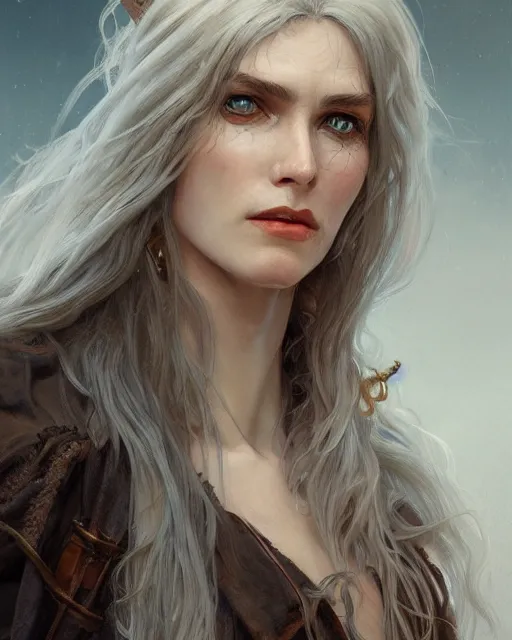 Image similar to close up portrait of a ruggedly female witch, soft hair, half body, leather, d & d, fantasy, intricate, elegant, highly detailed, digital painting, artstation, concept art, smooth, sharp focus, illustration, art by artgerm and greg rutkowski and alphonse mucha