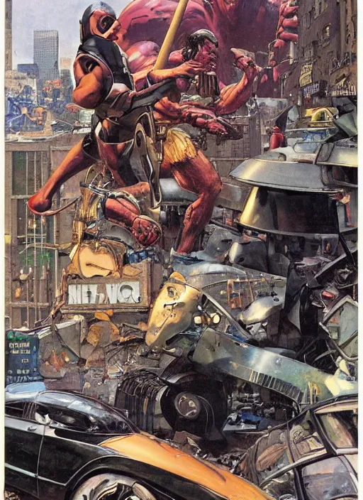 Image similar to huge cyclops in futuristic metal armour smashes up cars in new york street, by norman rockwell and jason fabok and tom lovell and frank schoonover and jack kirby and alex ross