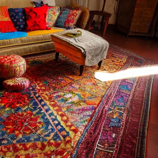 Prompt: a dim darkened parlor pierced by a morning ray of sun with dust floating gently through the light and an colorful tattered Persian throw rug scattered with children toys. Very low energy. Bokeh. 4K.