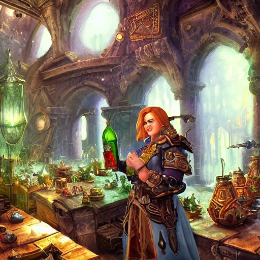 Image similar to a beautiful stunning interesting photorealistic digital magic the gathering world of warcraft fantasy illustration of a corgi wearing steampunk safety goggles and a white apron while mixing potions, in a potion shoppe, colorful bottles and plants, awesome and moody, by marc simonetti