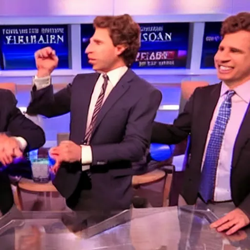 Image similar to a high quality photograph fox news broadcast screesshot of max blumenthal, jimmy dore, aaron mate, tucker carlson, matt taibbi, glenn greenwald having a tickle fight on tucker carlson tonight