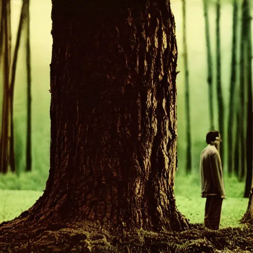 Image similar to a 35mm photograph of two trees talking behind a human’s back, realistic