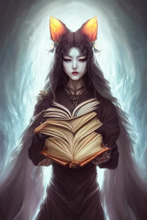 Image similar to gorgeous!!! hyper - realstic sorceress with a kitsune mask, holding a tattered magical book, casting a spell | drawn by wlop, drawn by jeehyung lee, drawn by artgerm | fantasy, dark, intricate, highly detailed, digital painting, character design, concept art, illustration, artstation